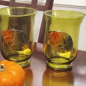 Hand Blown Glass Footed Green Hurricane style Fall Candle Holders